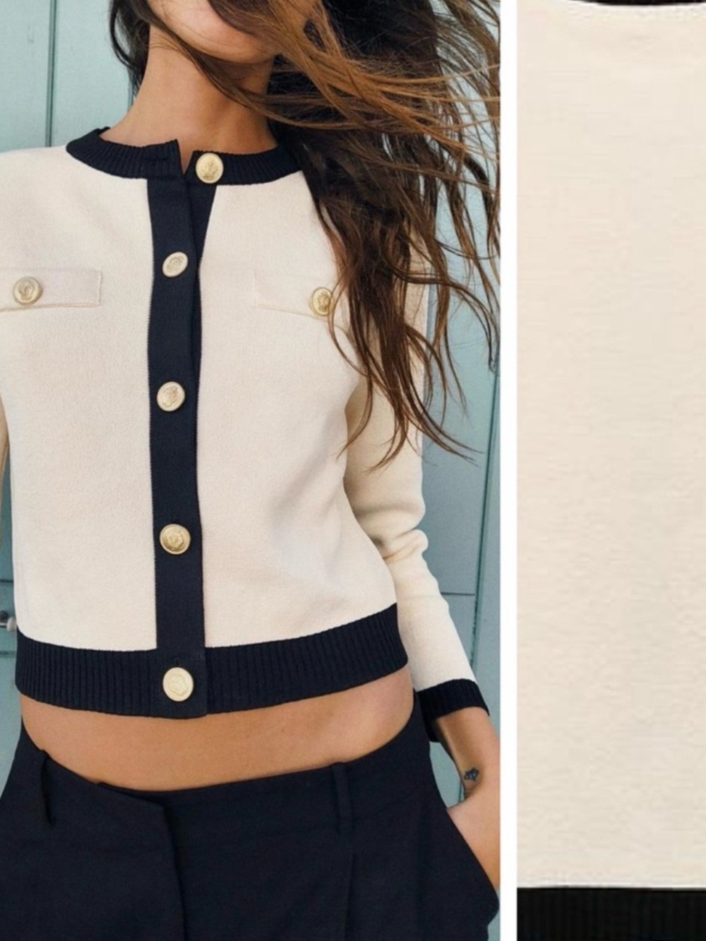 ZARA ECRU/Black Knit Cardigan with Golden Buttons